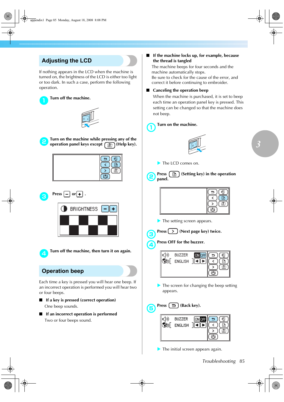 Adjusting the lcd, Operation beep | Brother XE5427-001 User Manual | Page 87 / 92