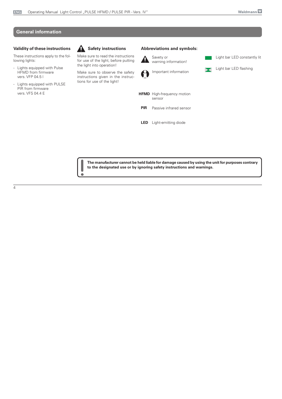 General, Safety instructions, Abbreviations and symbols | General information | Waldmann PULSE PIR version IV - with MFT, Typ II User Manual | Page 4 / 36