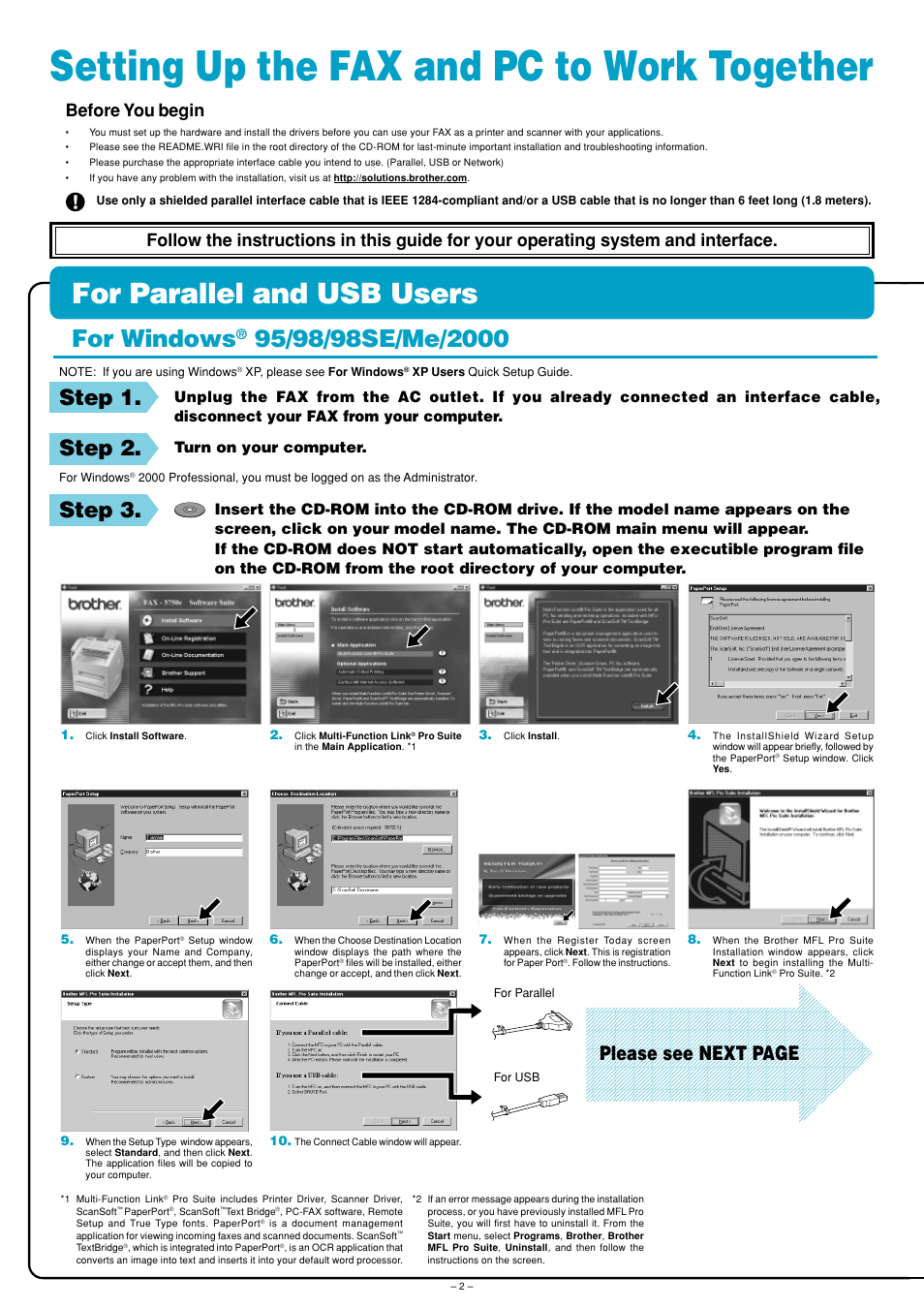 Setting up the fax and pc to work together, For parallel and usb users, For windows | Step 1, Step 2, Step 3, Please see next page, Before you begin | Brother FAX-575e User Manual | Page 2 / 6