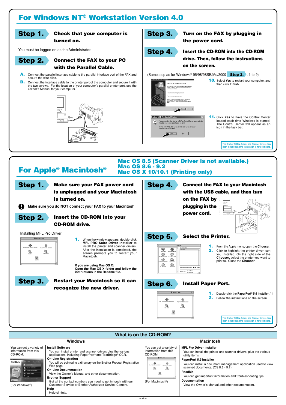 For windows nt, Workstation version 4.0, For apple | Macintosh, Step 1, Step 2, Step 3, Step 4, Step 5, Step 6 | Brother FAX-575e User Manual | Page 4 / 6