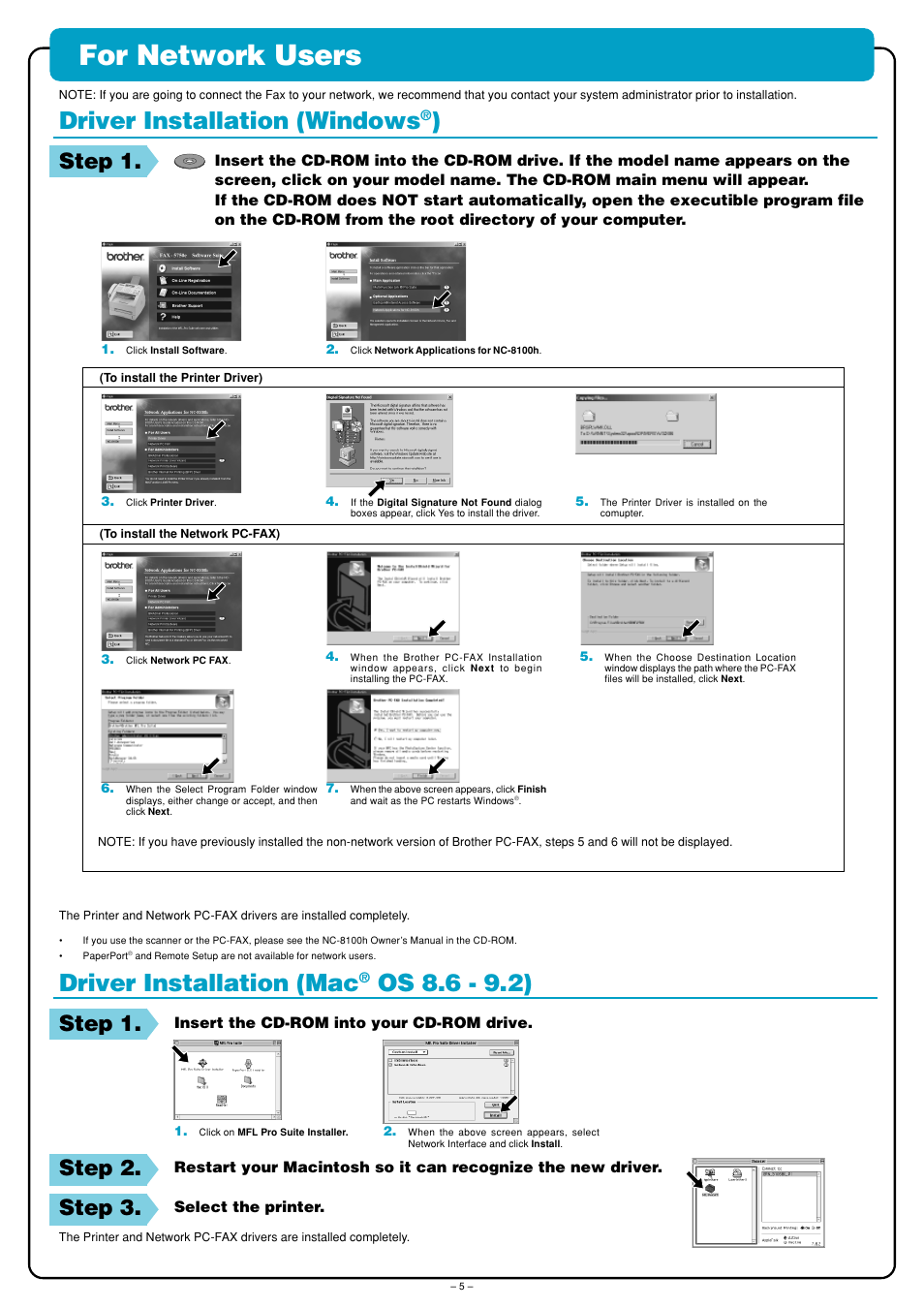 For network users, Driver installation (windows, Driver installation (mac | Os 8.6 - 9.2), Step 1, Step 2, Step 3 | Brother FAX-575e User Manual | Page 5 / 6