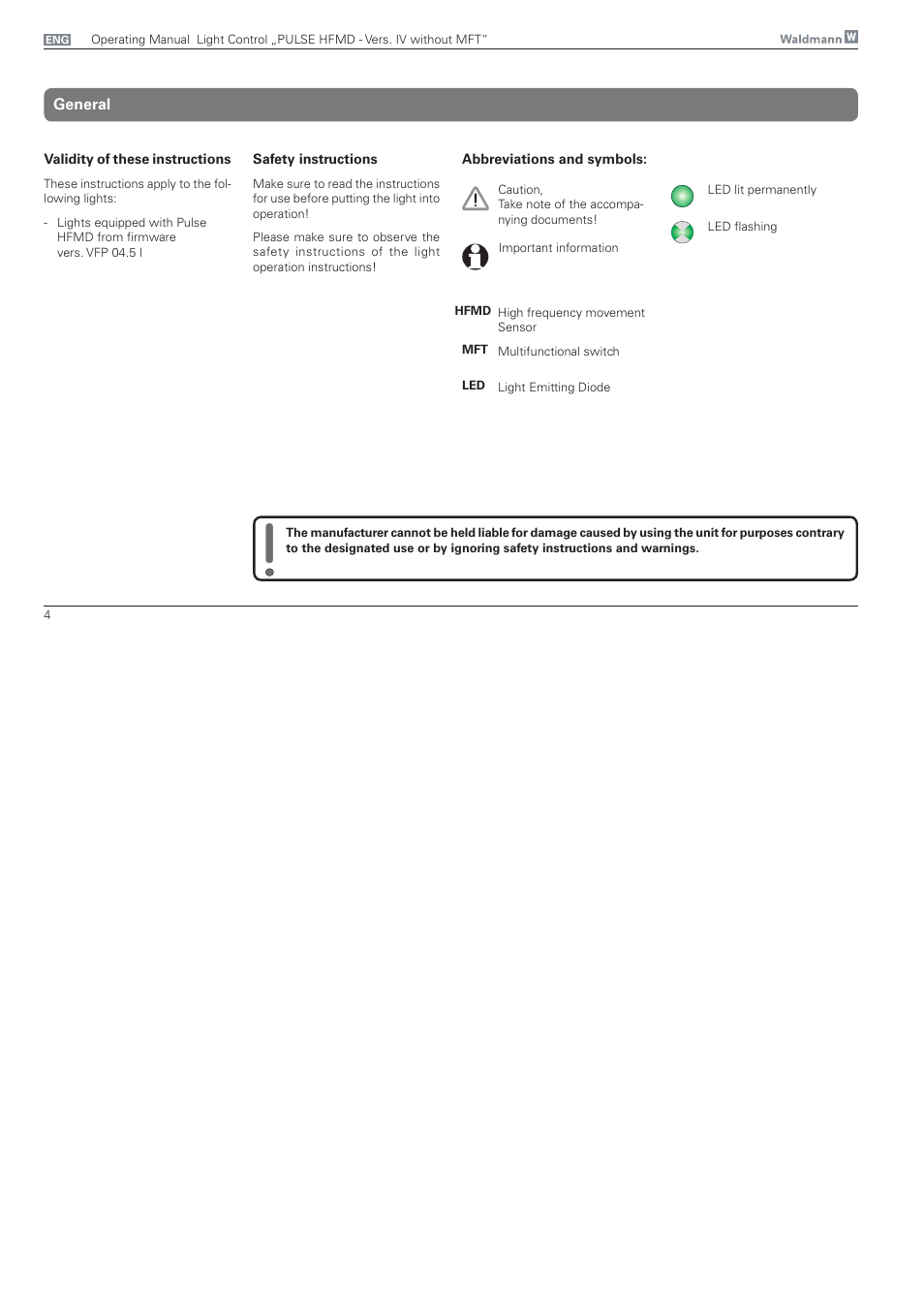 General, Safety instructions | Waldmann PULSE HFMD version VFC IV - without MFT User Manual | Page 4 / 24