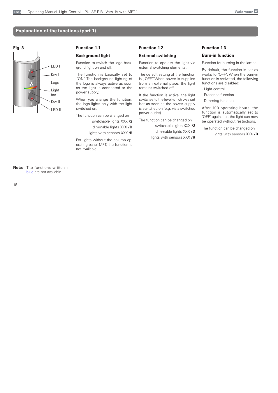Explanation of the functions, Explanation of the functions (part 1) | Waldmann PULSE PIR version IV - with MFT, Typ I User Manual | Page 18 / 24
