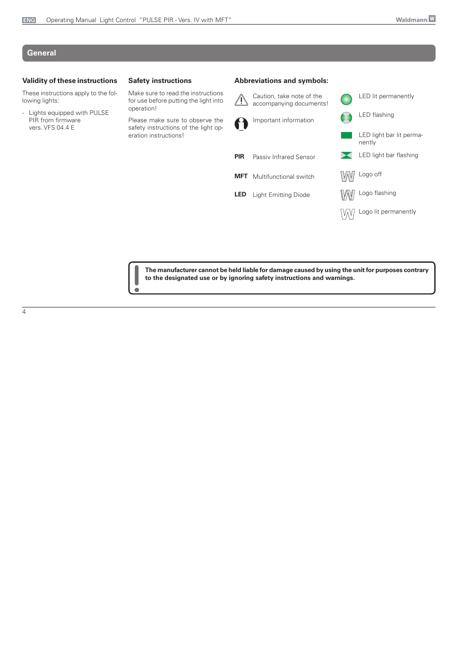 General, Safety instructions | Waldmann PULSE PIR version IV - with MFT, Typ I User Manual | Page 4 / 24