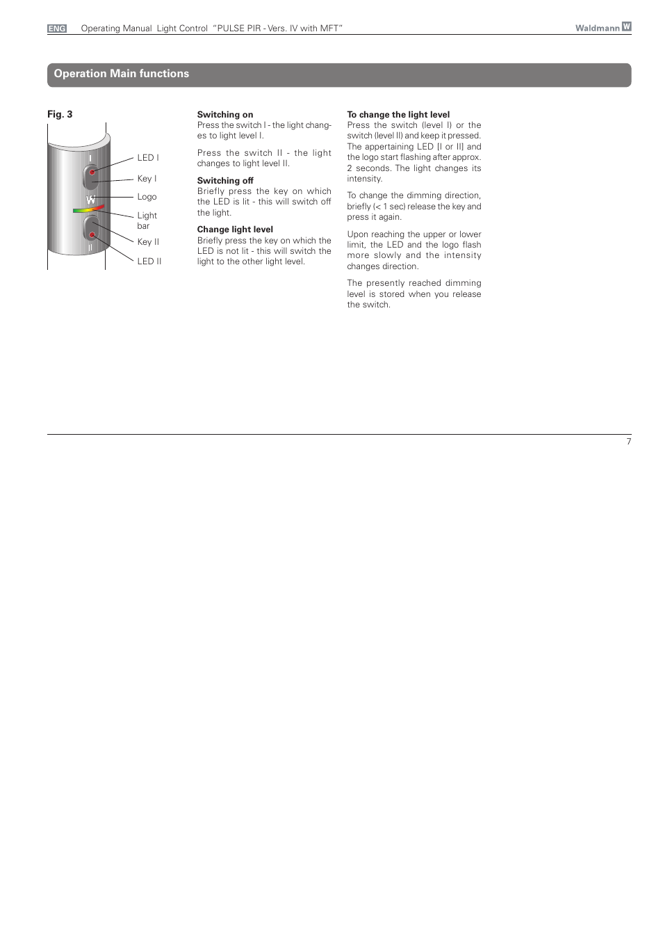 Operation main functions | Waldmann PULSE PIR version IV - with MFT, Typ I User Manual | Page 7 / 24