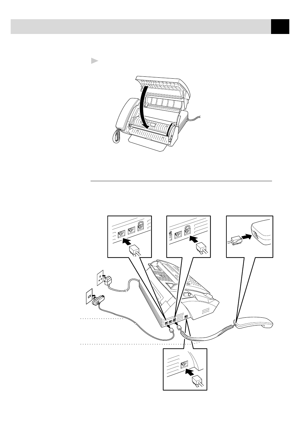 Connect the handset, Pull down the blue lever and close the cover, Example for u.k.) | Brother 515 User Manual | Page 23 / 120