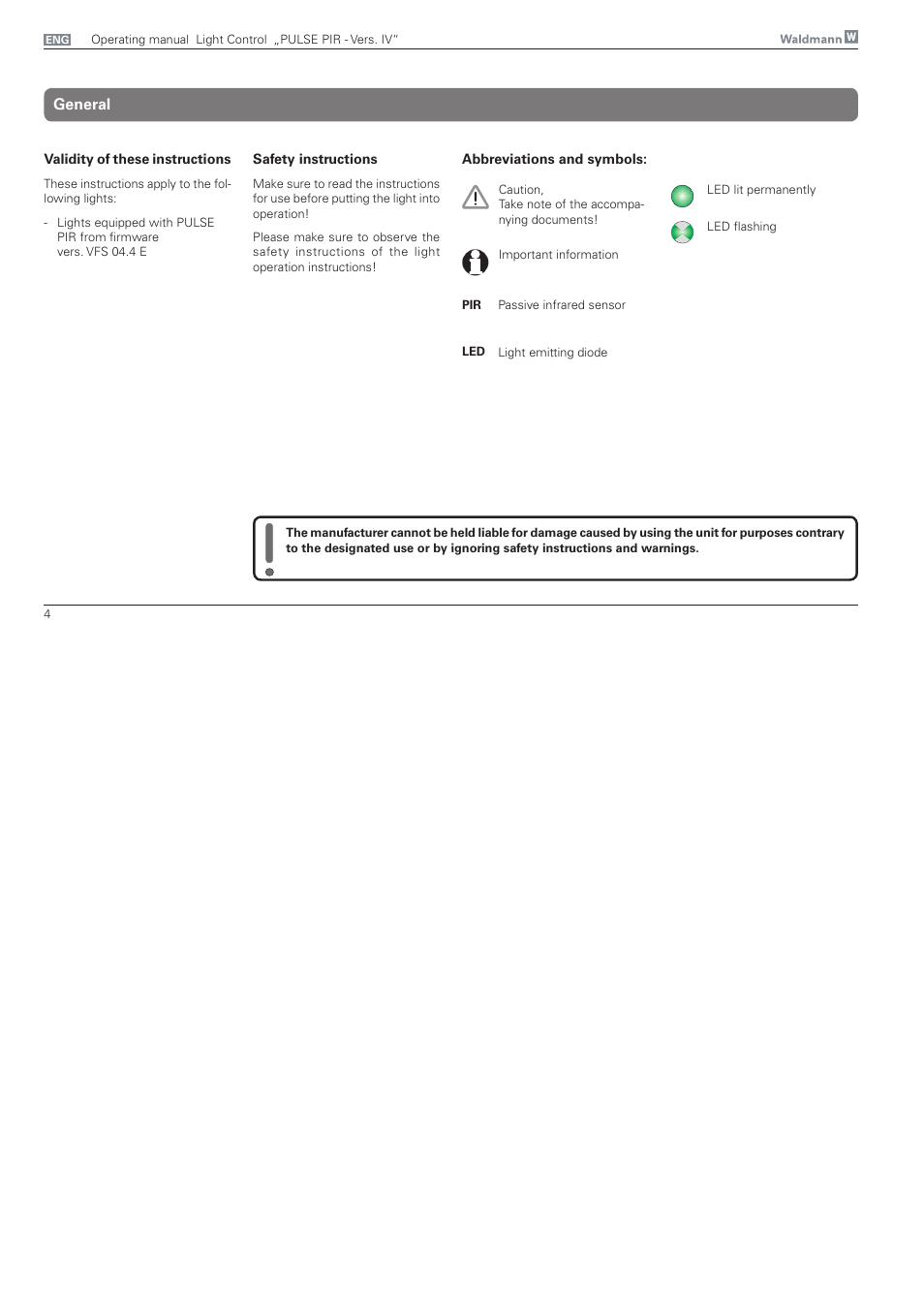 General, Safety instructions | Waldmann PULSE PIR version IV - without MFT User Manual | Page 4 / 24