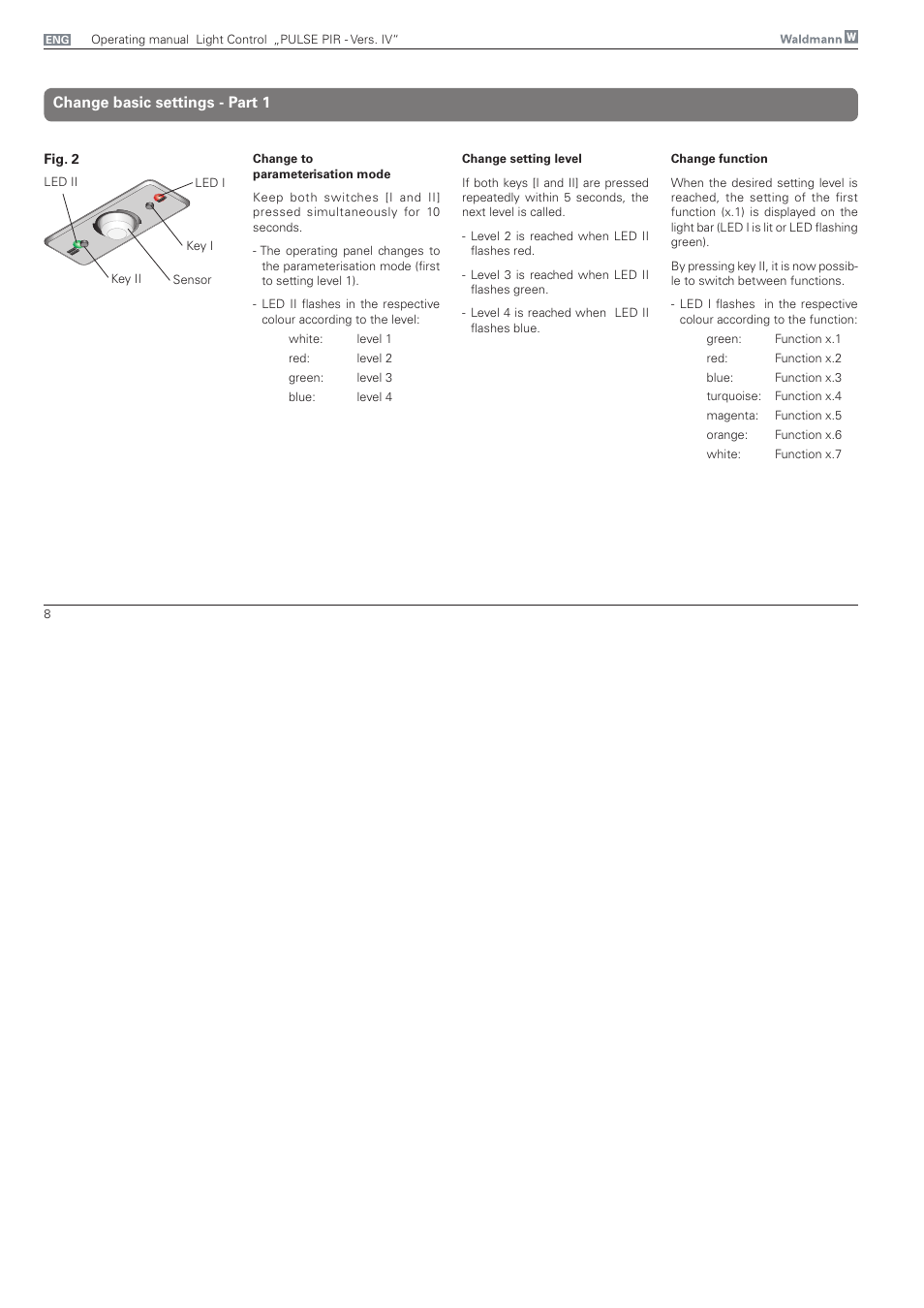 Change basic settings, Change basic settings - part 1 | Waldmann PULSE PIR version IV - without MFT User Manual | Page 8 / 24