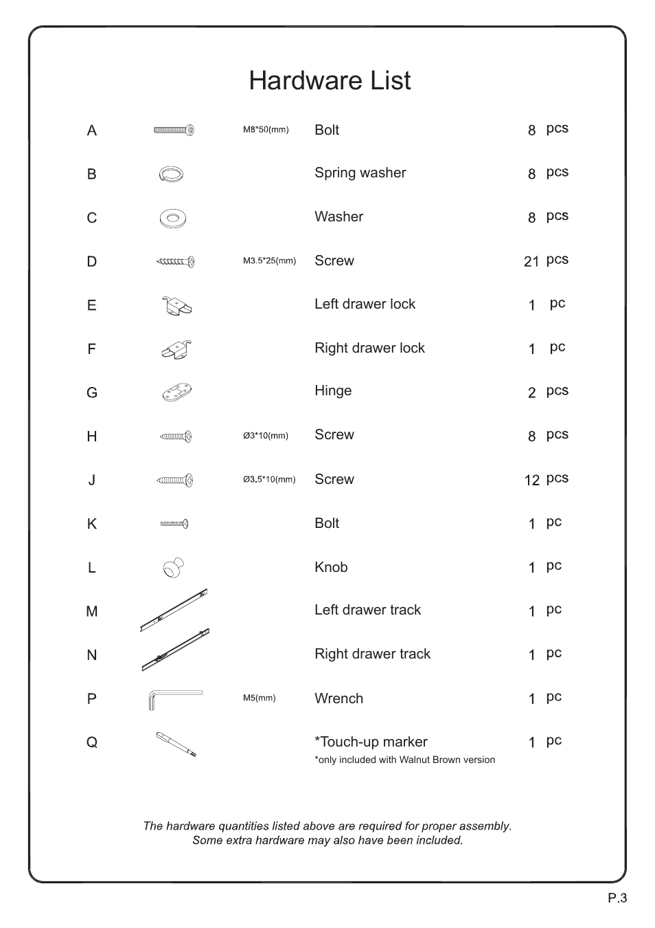 Hardware list | Walker Edison Furniture DW48S30 Writing Desk User Manual | Page 3 / 8