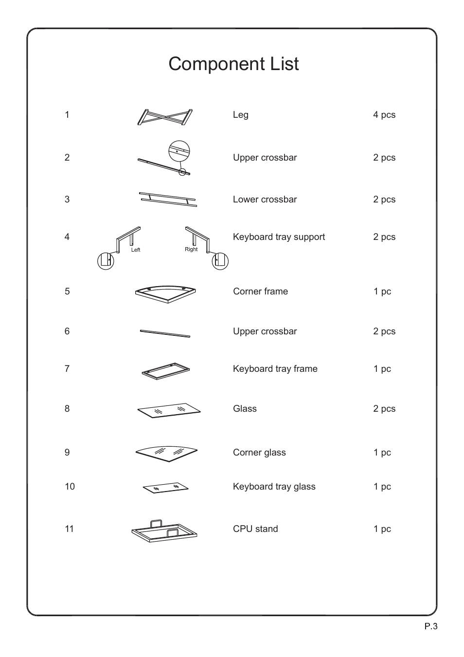 Component list | Walker Edison Furniture D51B29 Soreno L-Shaped Computer Desk User Manual | Page 3 / 10