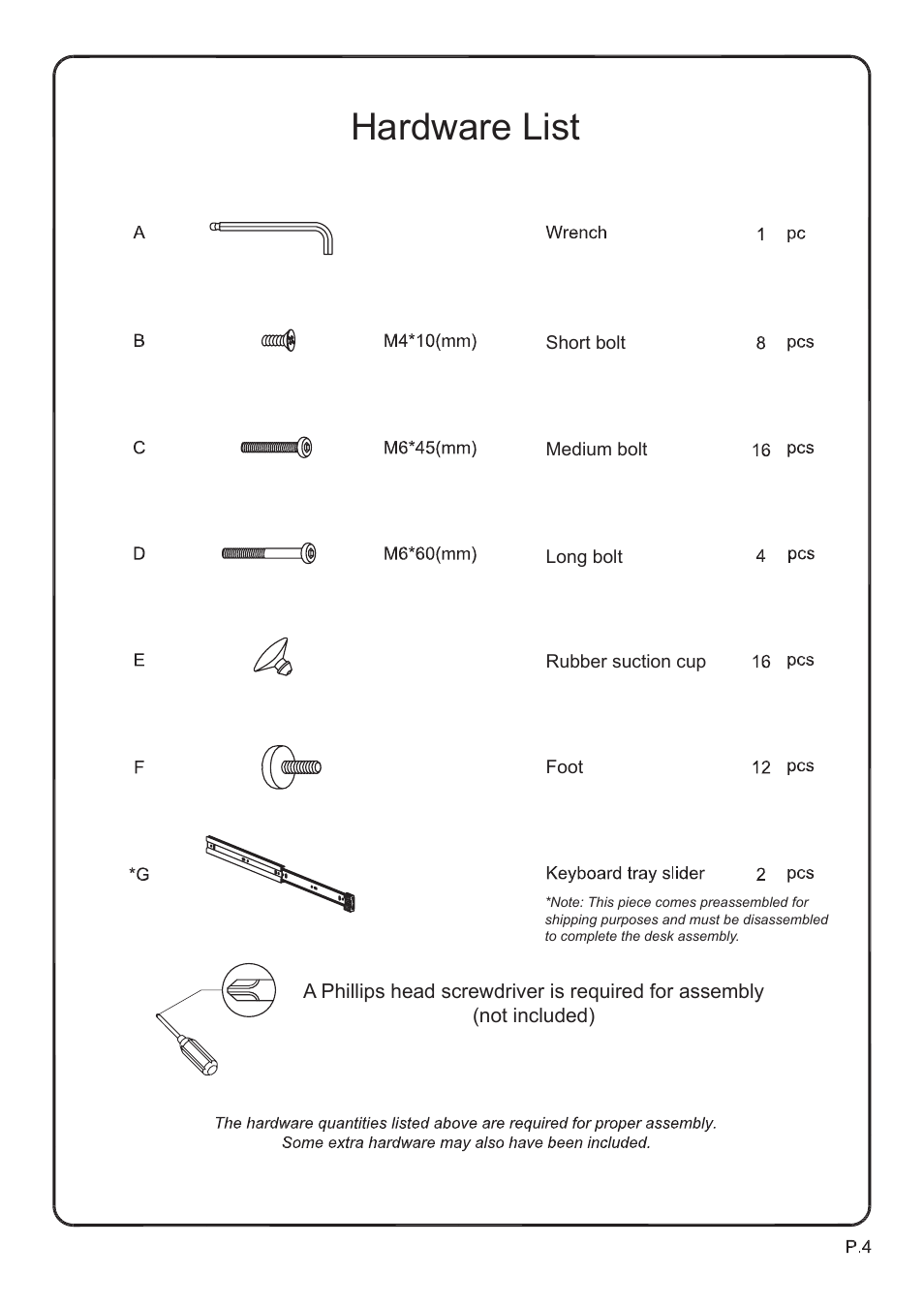 Hardware list | Walker Edison Furniture D51B29 Soreno L-Shaped Computer Desk User Manual | Page 4 / 10