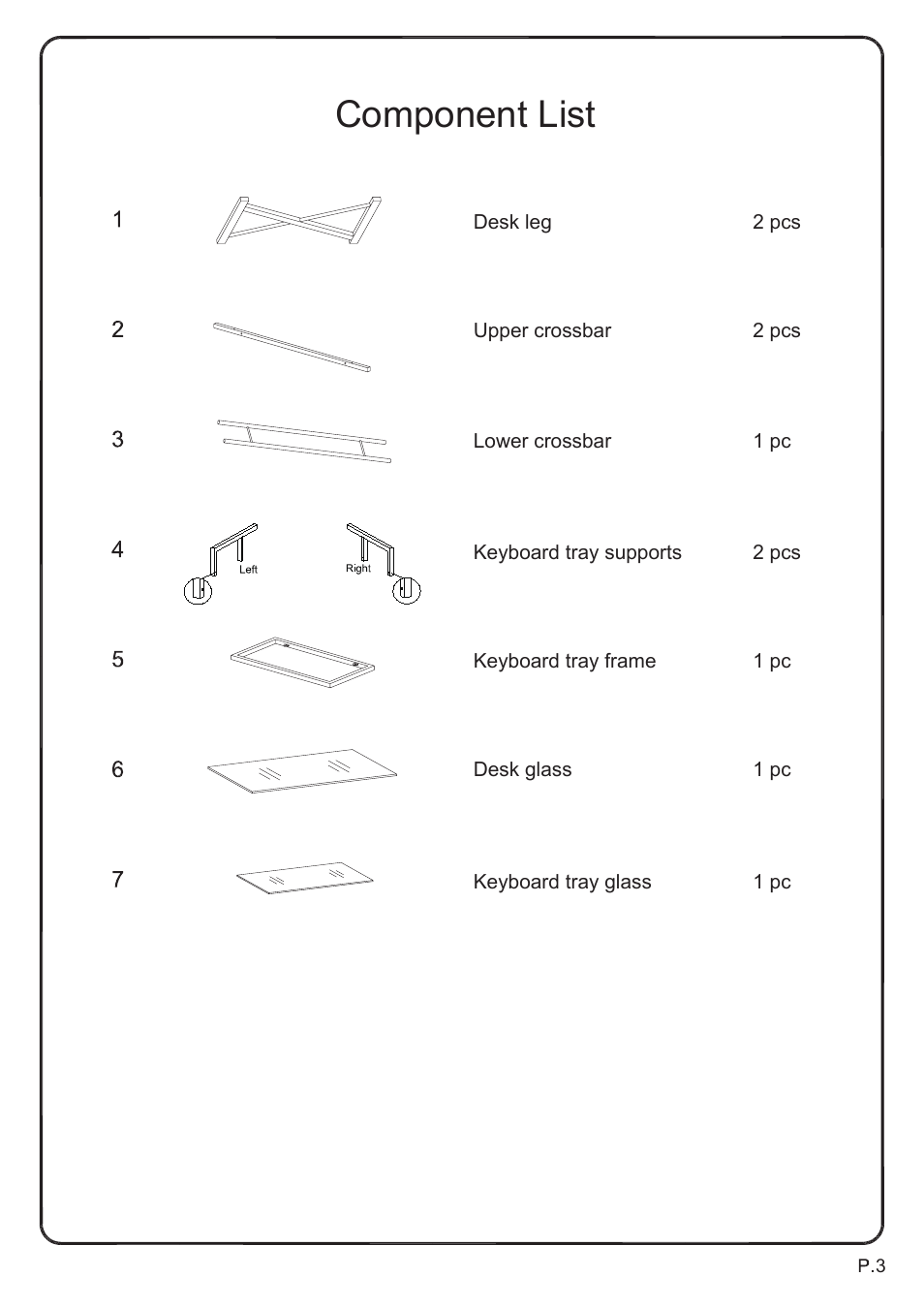 Component list | Walker Edison Furniture D31S29 Solo Computer Desk User Manual | Page 3 / 9