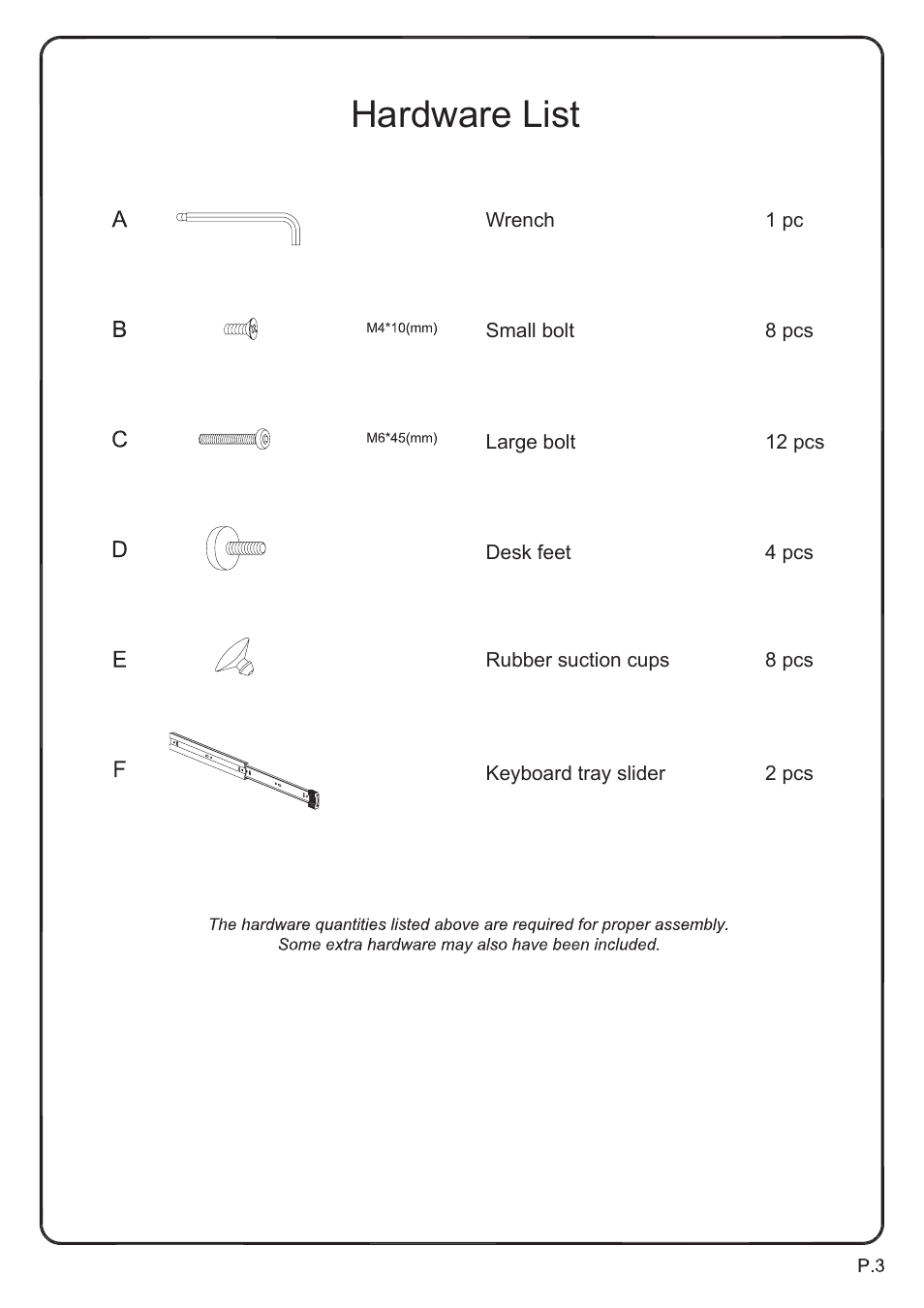 Hardware list | Walker Edison Furniture D31S29 Solo Computer Desk User Manual | Page 4 / 9