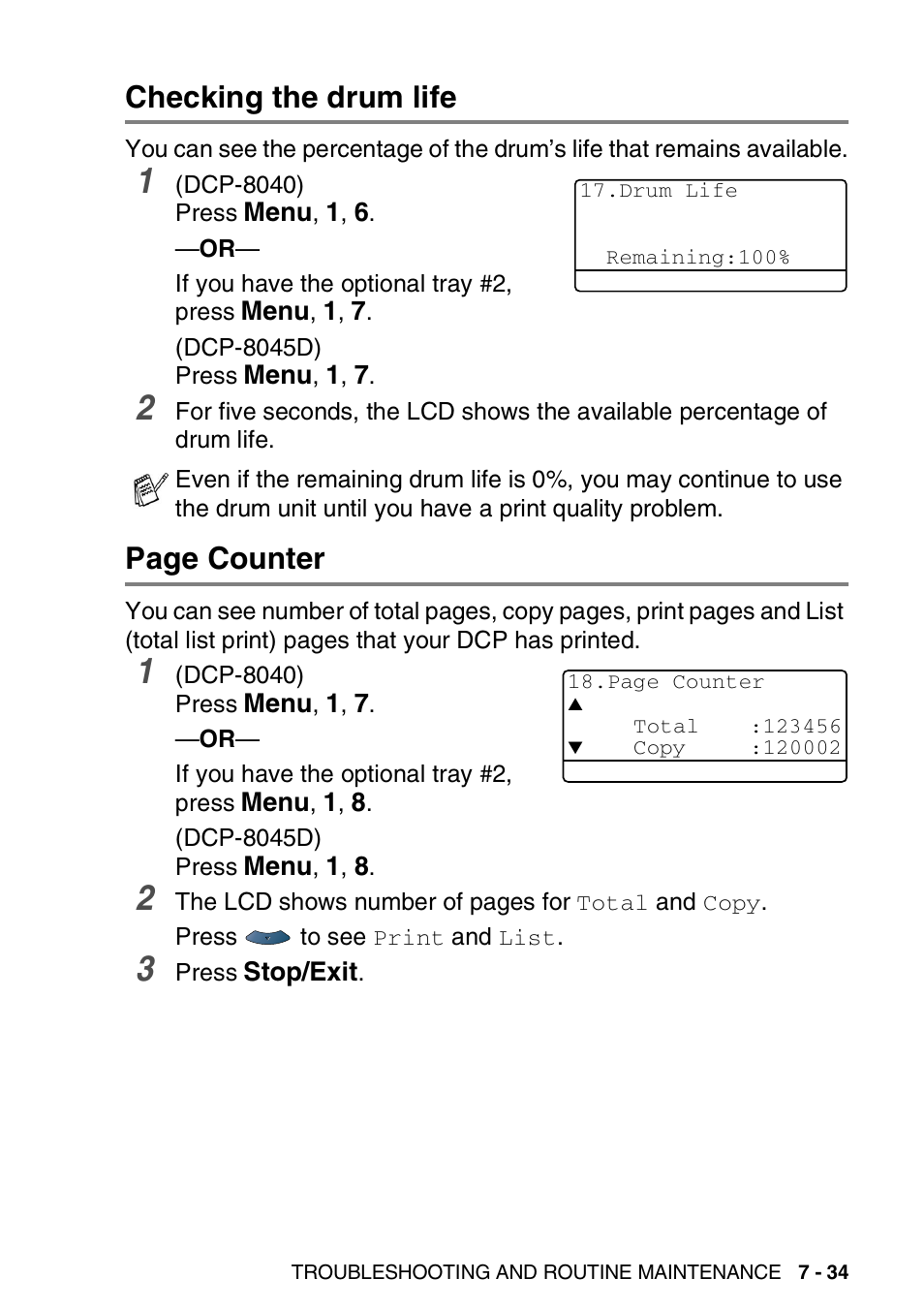 Checking the drum life, Page counter | Brother DCP-8045D User Manual | Page 115 / 140