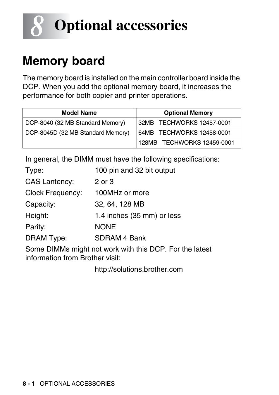 8 optional accessories, Memory board, Optional accessories -1 | Memory board -1, See memory board, Optional accessories | Brother DCP-8045D User Manual | Page 116 / 140