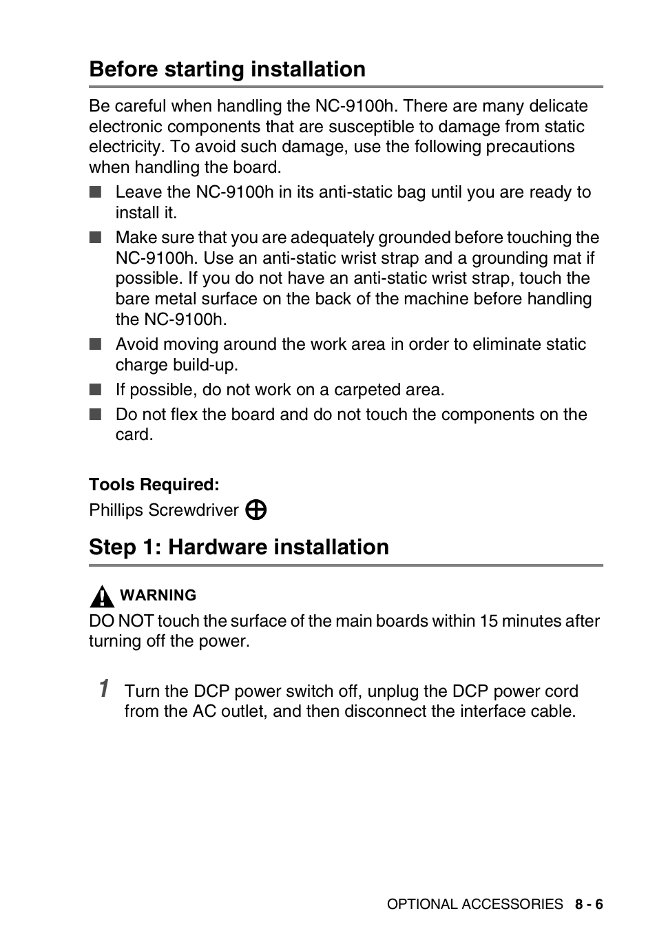 Before starting installation, Step 1: hardware installation | Brother DCP-8045D User Manual | Page 121 / 140