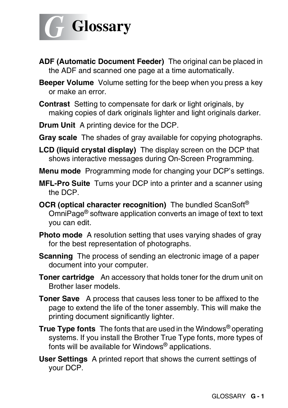 Glossary | Brother DCP-8045D User Manual | Page 127 / 140