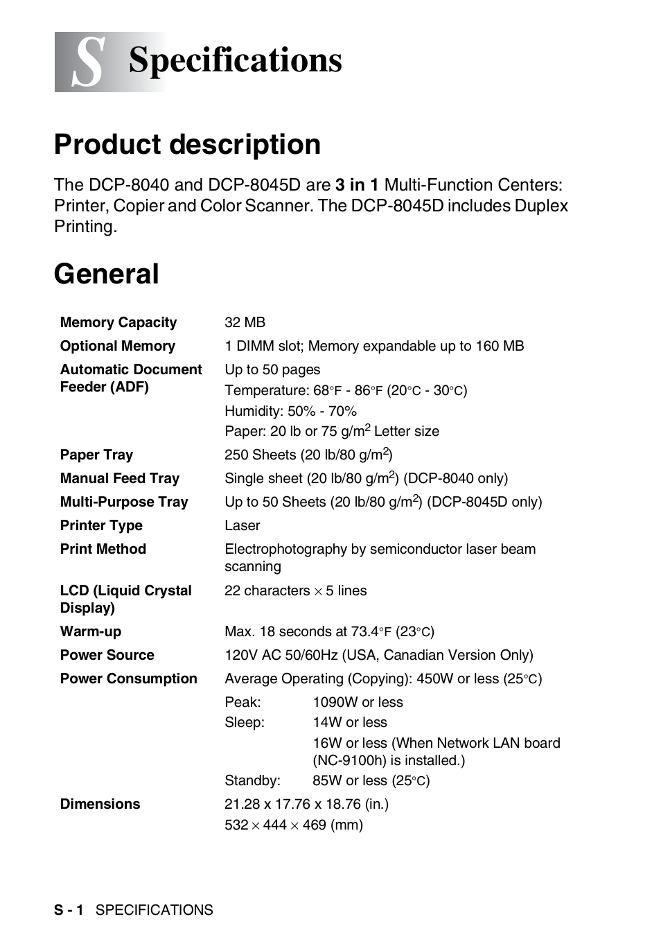 Specifications, Product description, General | Brother DCP-8045D User Manual | Page 128 / 140