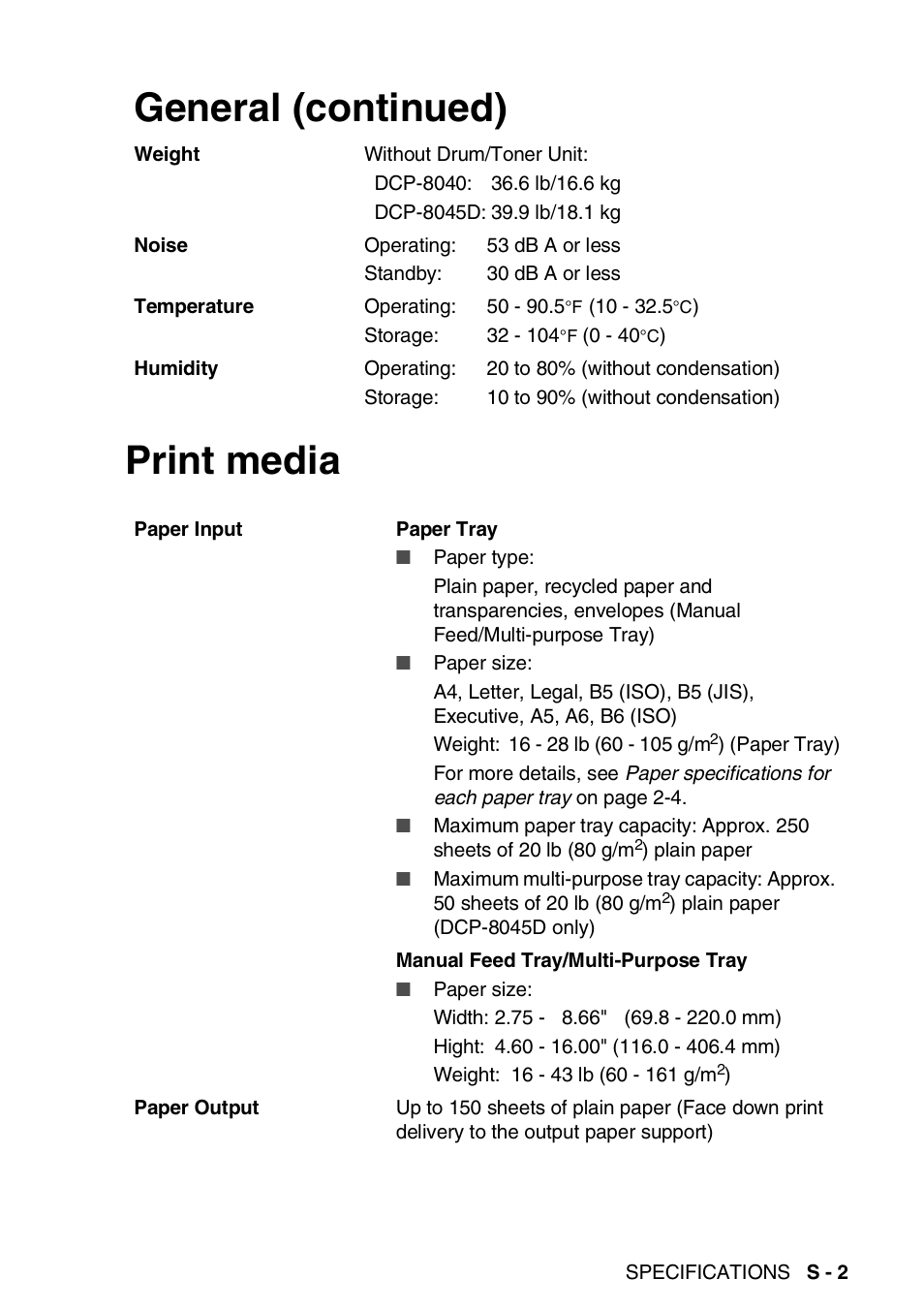 Print media, Print media general (continued) | Brother DCP-8045D User Manual | Page 129 / 140