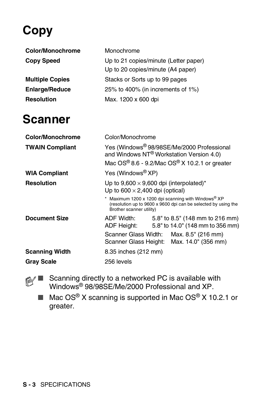 Copy, Scanner, Copy scanner | Mac os, X scanning is supported in mac os, X 10.2.1 or greater | Brother DCP-8045D User Manual | Page 130 / 140