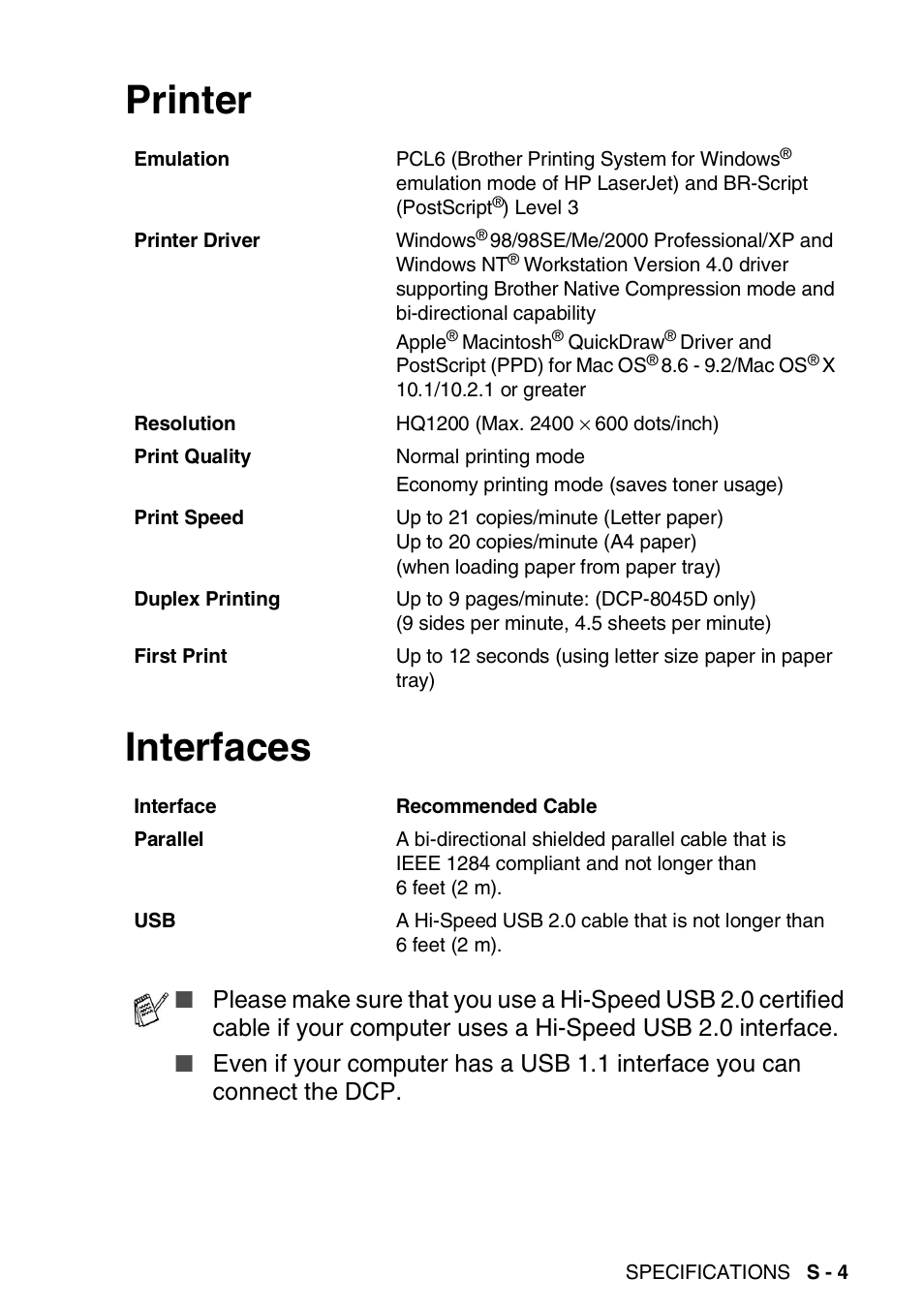 Printer, Interfaces, Printer interfaces | Brother DCP-8045D User Manual | Page 131 / 140