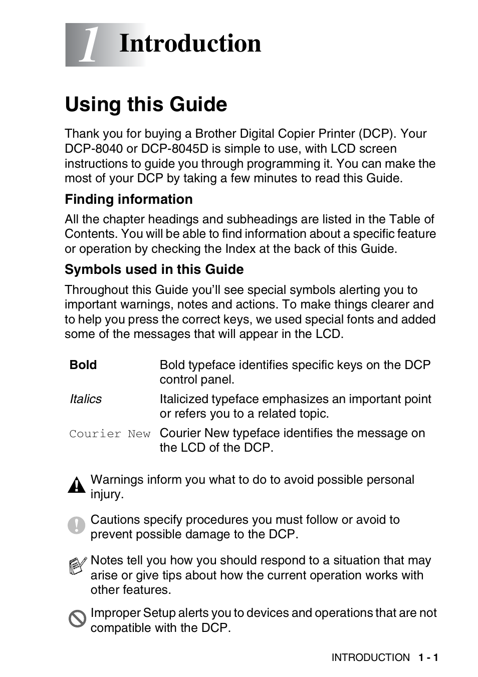 1 introduction, Using this guide, Finding information | Symbols used in this guide, Introduction -1, Using this guide -1, Introduction | Brother DCP-8045D User Manual | Page 17 / 140