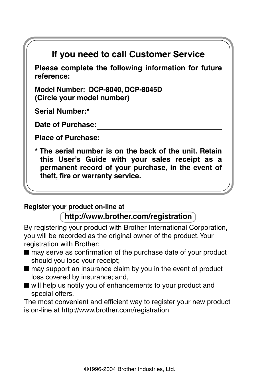 If you need to call customer service | Brother DCP-8045D User Manual | Page 2 / 140