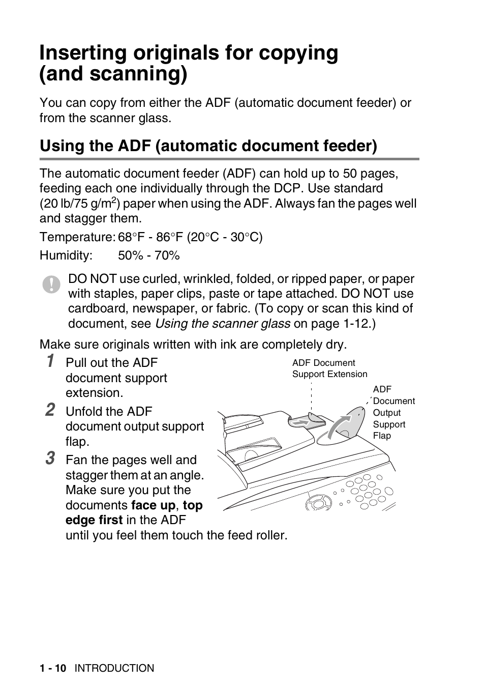 Inserting originals for copying (and scanning), Using the adf (automatic document feeder), Inserting originals for copying (and scanning) -10 | Using the adf (automatic document feeder) -10 | Brother DCP-8045D User Manual | Page 26 / 140