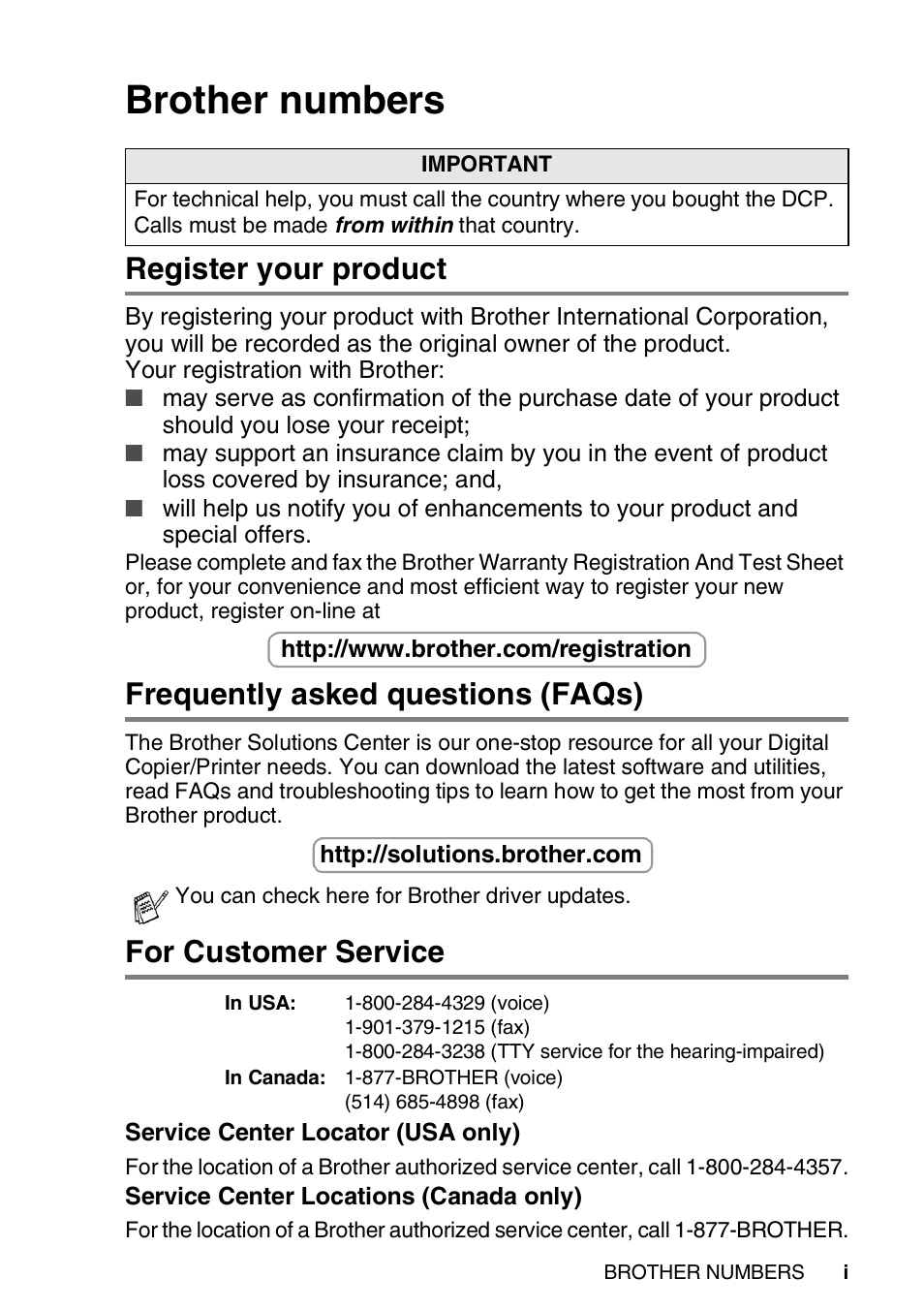 Brother numbers, Register your product, Frequently asked questions (faqs) | For customer service | Brother DCP-8045D User Manual | Page 3 / 140