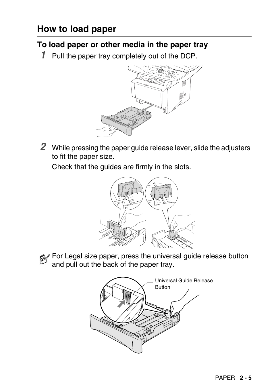 How to load paper, To load paper or other media in the paper tray, How to load paper -5 | To load paper or other media in the paper tray -5 | Brother DCP-8045D User Manual | Page 33 / 140