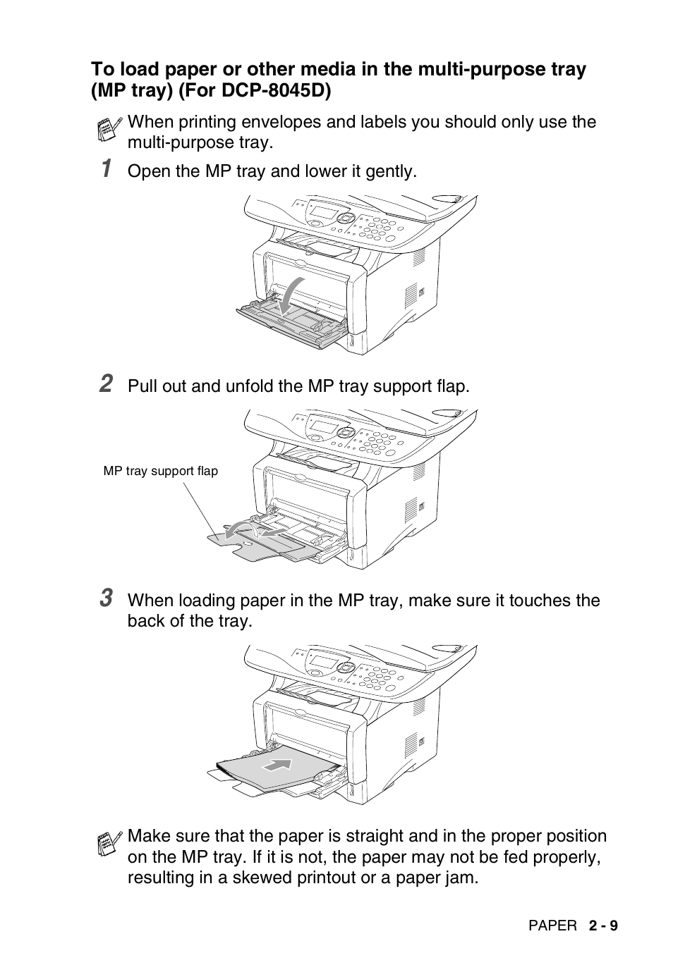 To load paper or other media in the multi-purpose, Tray (mp tray) (for dcp-8045d) -9 | Brother DCP-8045D User Manual | Page 37 / 140