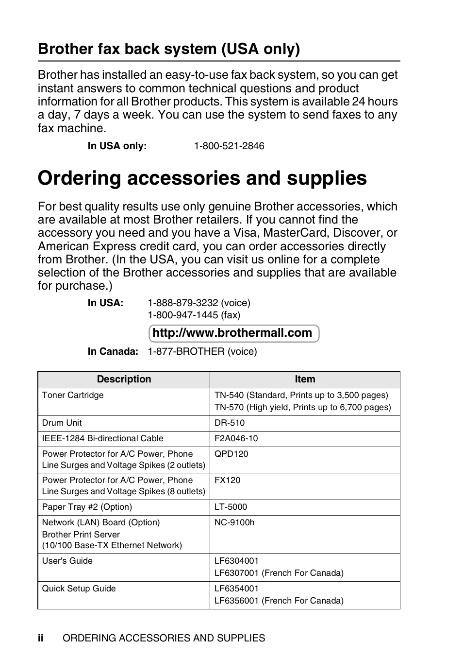 Brother fax back system (usa only), Ordering accessories and supplies | Brother DCP-8045D User Manual | Page 4 / 140