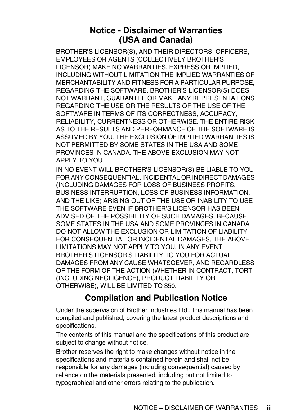 Notice - disclaimer of warranties (usa and canada), Compilation and publication notice | Brother DCP-8045D User Manual | Page 5 / 140