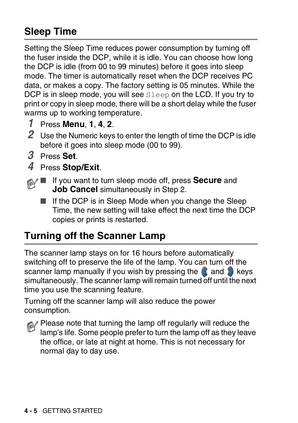 Sleep time, Turning off the scanner lamp, Sleep time -5 | Turning off the scanner lamp -5 | Brother DCP-8045D User Manual | Page 54 / 140