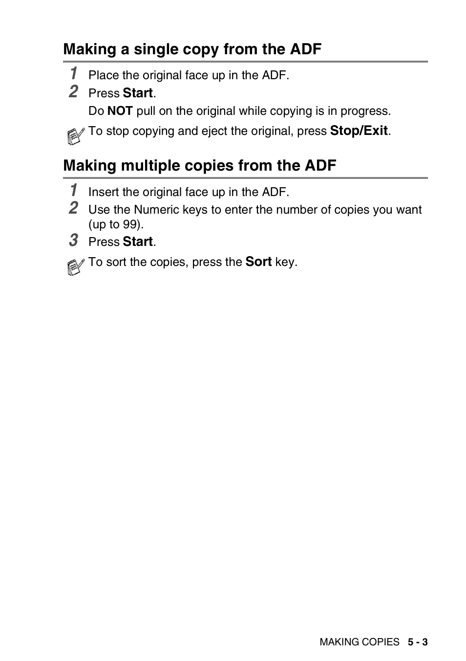 Making a single copy from the adf, Making multiple copies from the adf | Brother DCP-8045D User Manual | Page 59 / 140