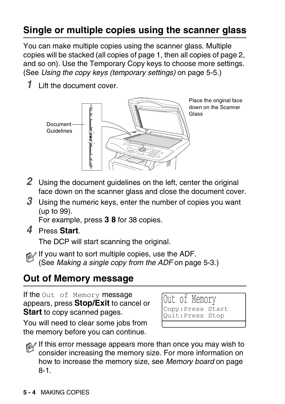 Single or multiple copies using the scanner glass, Out of memory message | Brother DCP-8045D User Manual | Page 60 / 140