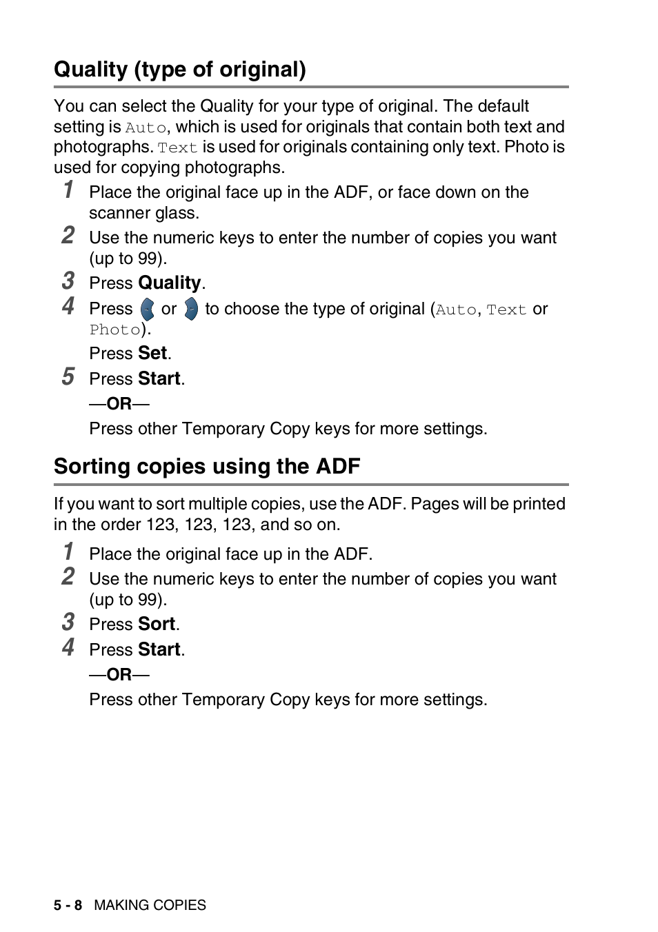 Quality (type of original), Sorting copies using the adf | Brother DCP-8045D User Manual | Page 64 / 140