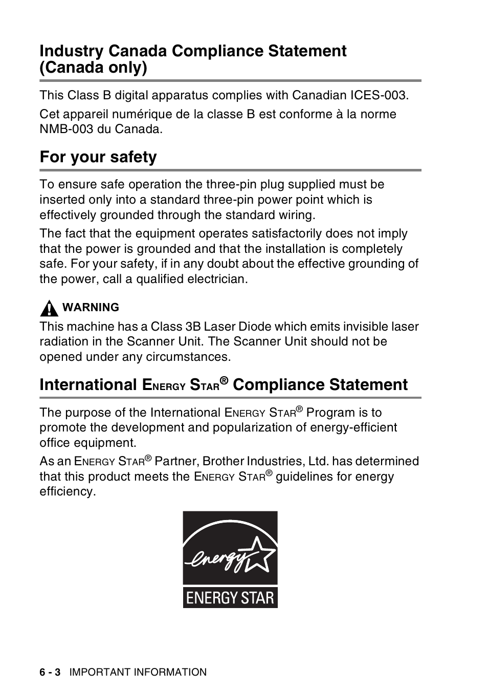 Industry canada compliance statement (canada only), For your safety, International energy star® compliance statement | Industry canada compliance statement, Canada only) -3, For your safety -3 international e, Nergy, Compliance, Statement -3, International e | Brother DCP-8045D User Manual | Page 76 / 140