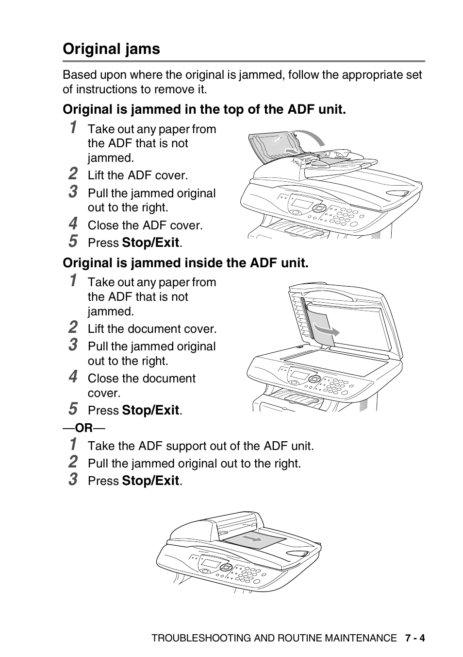 Original jams, Original is jammed in the top of the adf unit, Original is jammed inside the adf unit | Original jams -4, See original jams | Brother DCP-8045D User Manual | Page 85 / 140