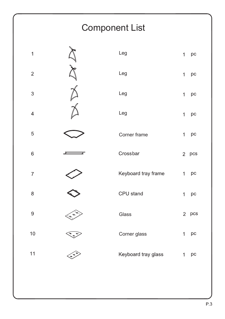 Component list | Walker Edison Furniture D51AL30 Alexa L-Shaped Desk User Manual | Page 3 / 10