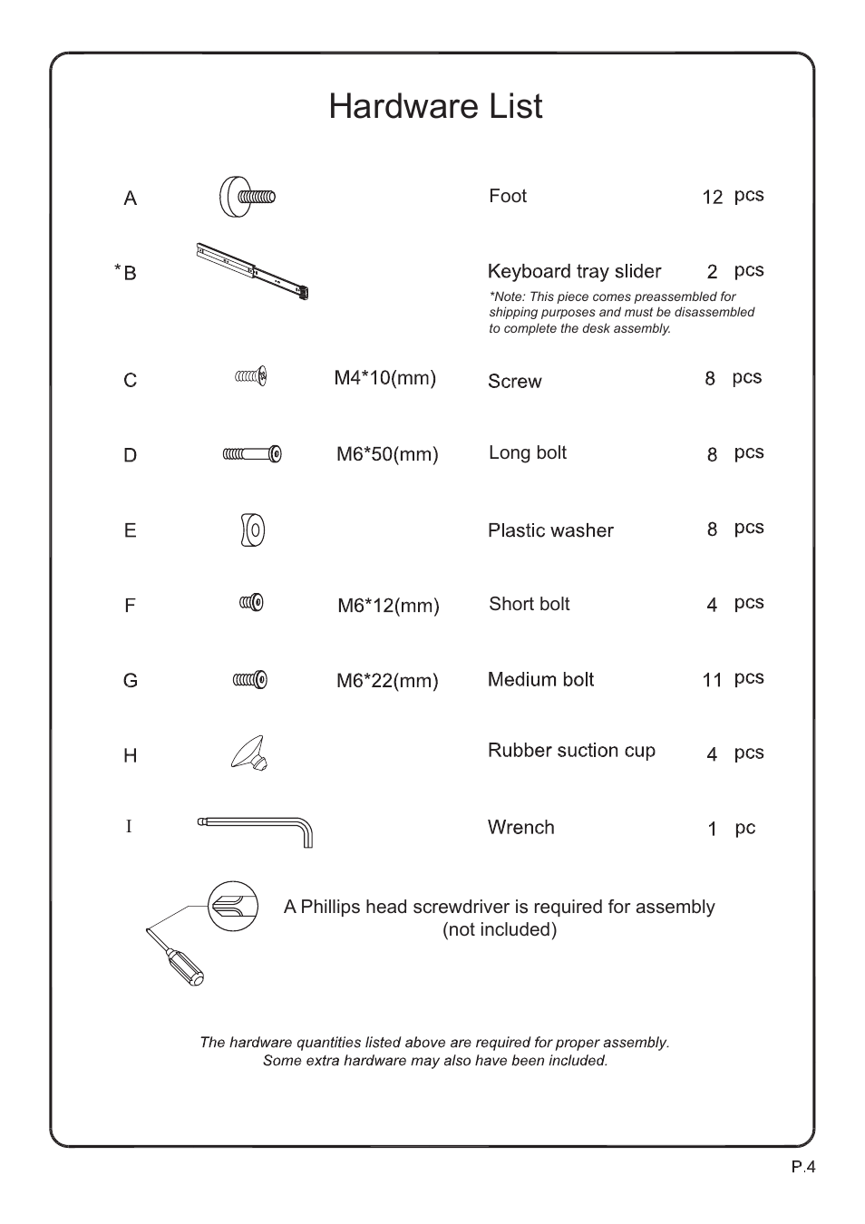 Hardware list | Walker Edison Furniture D51AL30 Alexa L-Shaped Desk User Manual | Page 4 / 10