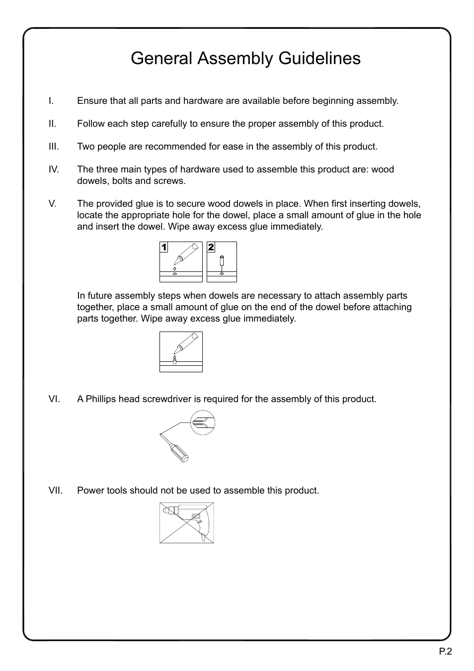 General assembly guidelines | Walker Edison Furniture TW60B Urban Reclamation 7-pc Dining Set User Manual | Page 2 / 16