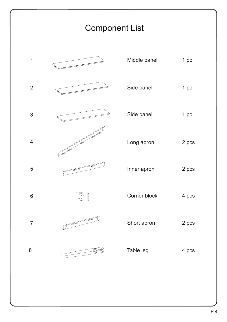 Component list | Walker Edison Furniture TW60B Urban Reclamation 7-pc Dining Set User Manual | Page 4 / 16