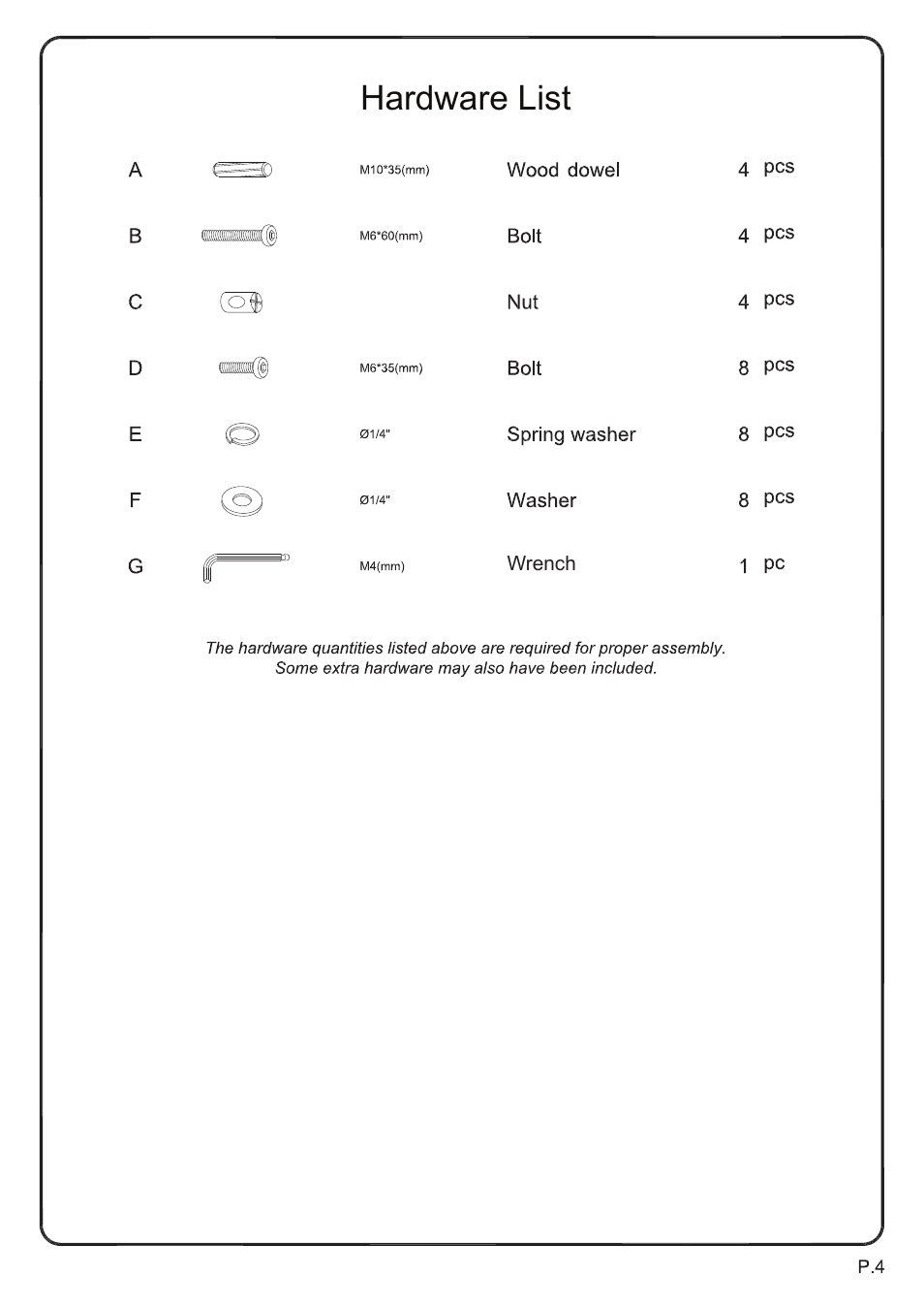 Hardware list | Walker Edison Furniture DBM1 bench User Manual | Page 4 / 7