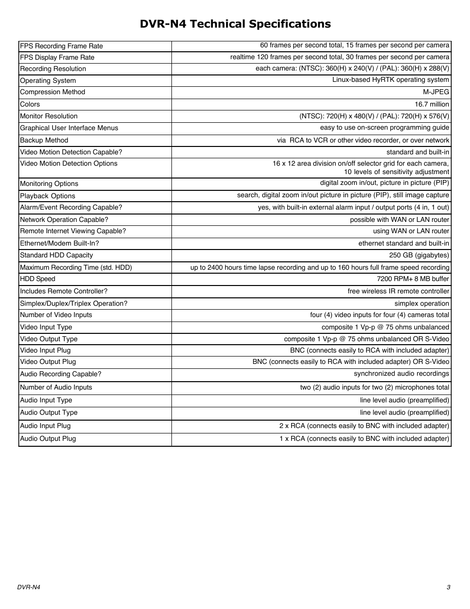 Dvr-n4 technical specifications | Brother DVR-N4 User Manual | Page 3 / 4