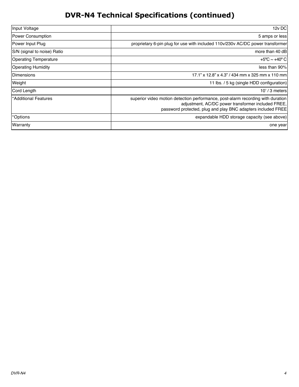 Dvr-n4 technical specifications (continued) | Brother DVR-N4 User Manual | Page 4 / 4