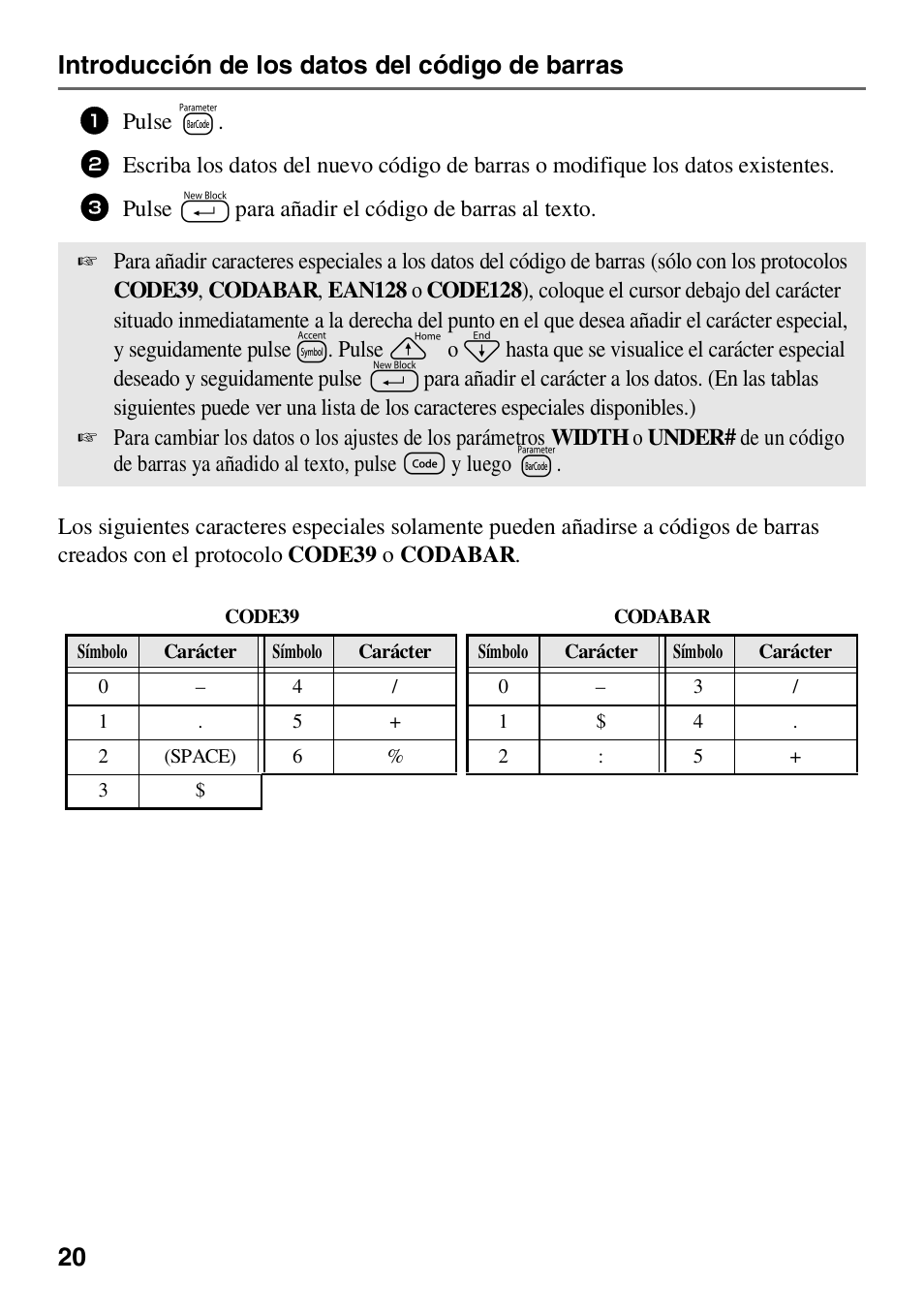 20 introducción de los datos del código de barras | Brother HL 1650 User Manual | Page 108 / 163