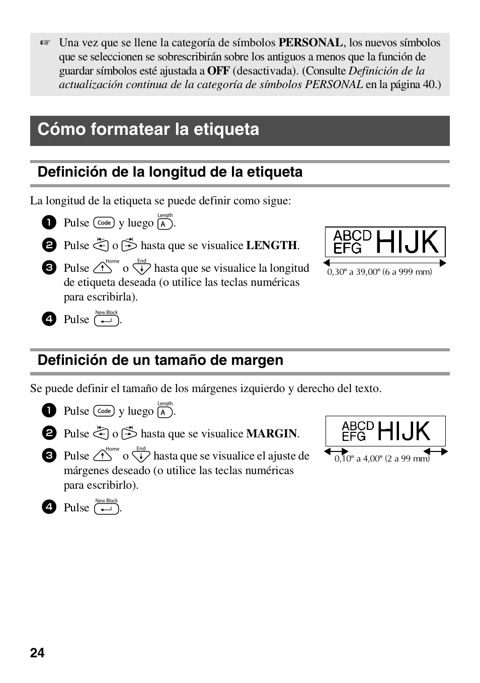 Cómo formatear la etiqueta, Definición de la longitud de la etiqueta, Definición de un tamaño de margen | Brother HL 1650 User Manual | Page 112 / 163