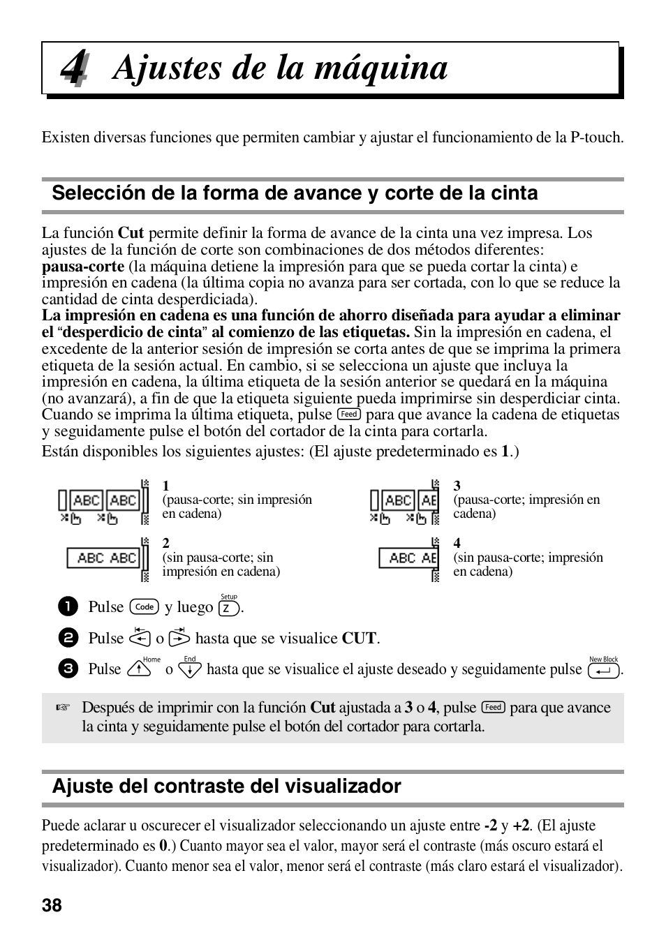 4 ajustes de la máquina, Ajuste del contraste del visualizador, Ajustes de la máquina | Brother HL 1650 User Manual | Page 126 / 163