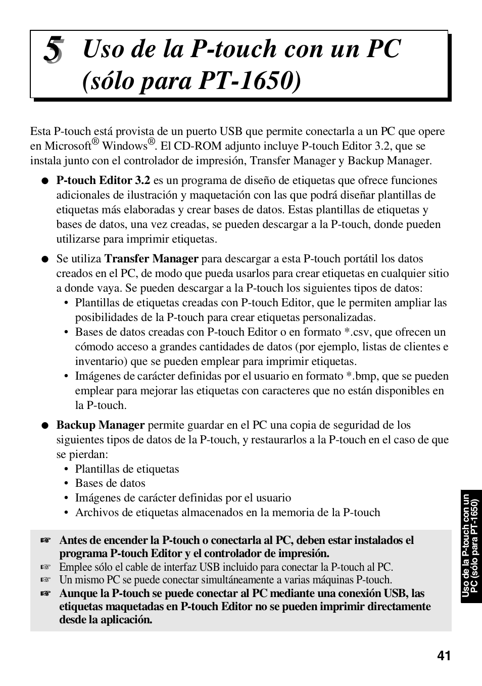 5 uso de la p-touch con un pc (sólo para pt-1650), Uso de la p-touch con un pc(sólo para pt-1650), Uso de la p-touch con un pc (sólo para pt-1650) | Brother HL 1650 User Manual | Page 129 / 163